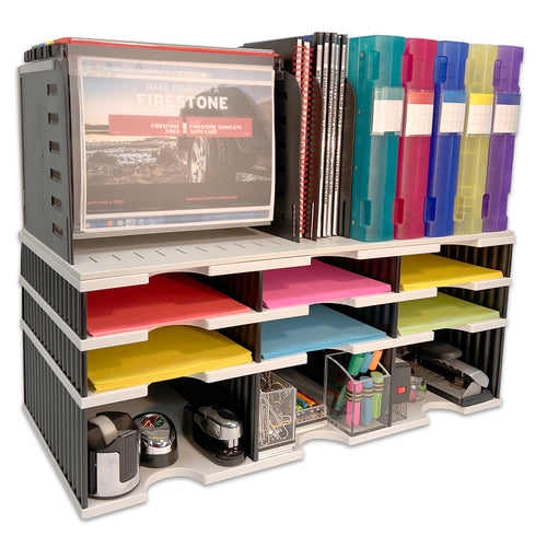 Desktop Organizer 6 Letter Tray Sorter, Riser Storage Base and Hanging File Topper - Uses Vertical Space to Keep All of Your Documents, Files, Forms, Books & Binders In Clear View & Within Arm's Reach