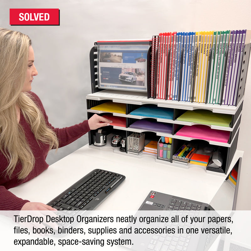 Desktop Organizer 6 Letter Tray Sorter, Riser Storage Base and Hanging File Topper - Uses Vertical Space to Keep All of Your Documents, Files, Forms, Books & Binders In Clear View & Within Arm's Reach