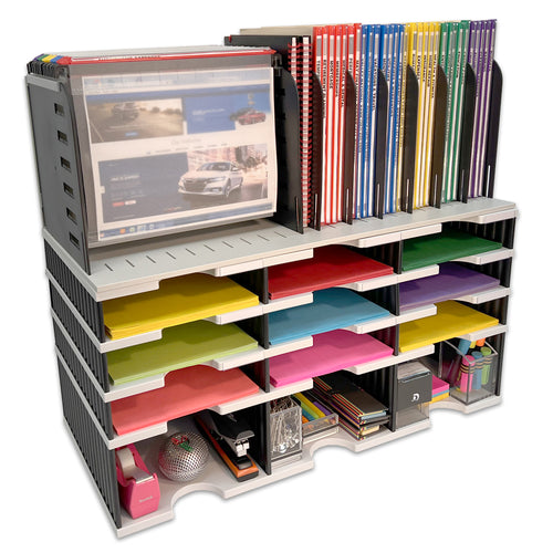 Desktop Organizer 9 Letter Tray Sorter, Riser Storage Base and Hanging File Topper - Uses Vertical Space to Keep All of Your Documents, Files, Forms, Books & Binders In Clear View & Within Arm's Reach