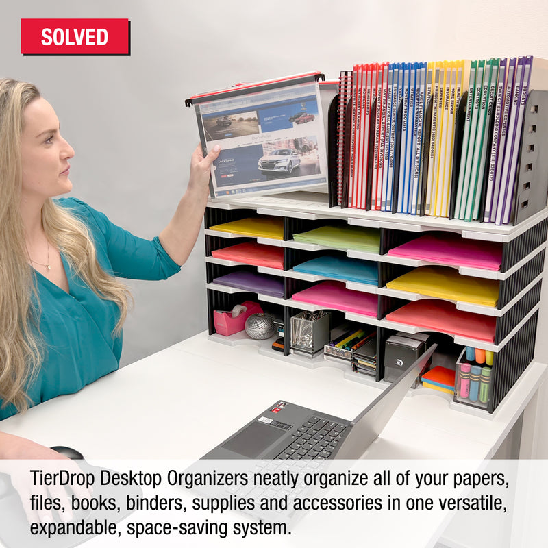 Desktop Organizer 9 Letter Tray Sorter, Riser Storage Base and Hanging File Topper - Uses Vertical Space to Keep All of Your Documents, Files, Forms, Books & Binders In Clear View & Within Arm's Reach