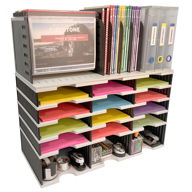 Desktop Organizer 12 Letter Tray Sorter, Riser Base and Vertical File Topper - Ultimate Office TierDrop™ Organizer Stores All of Your Documents, Forms, Books & Binders in One Compact Modular System