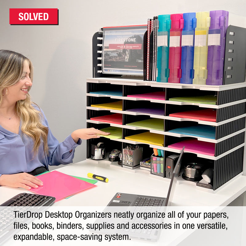 Desktop Organizer 12 Letter Tray Sorter, Riser Base and Vertical File Topper - Ultimate Office TierDrop™ Organizer Stores All of Your Documents, Forms, Books & Binders in One Compact Modular System