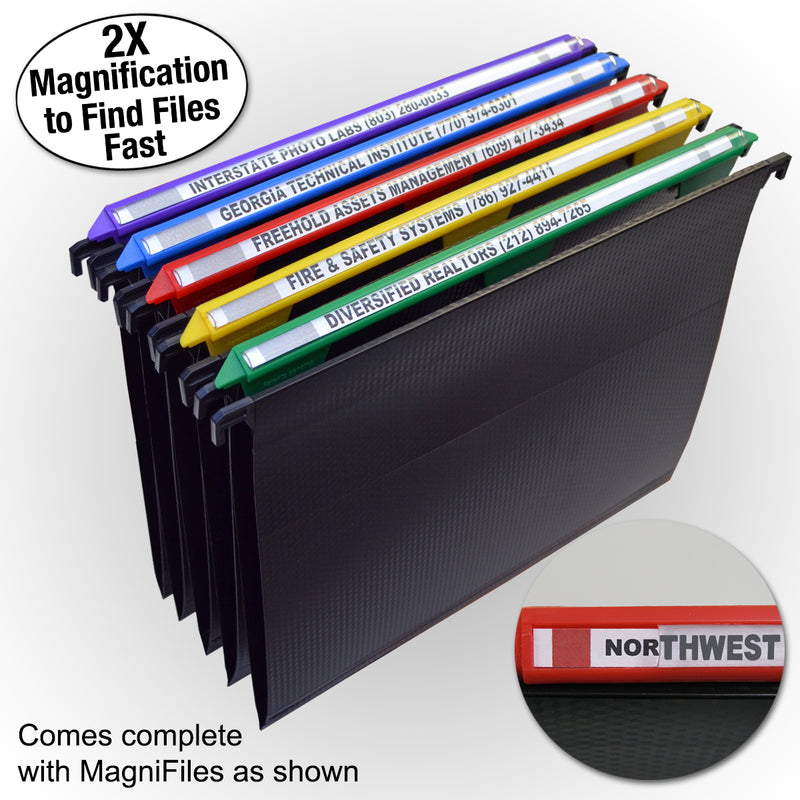 Ultimate Office Mesh Hanging File Organizer complete with 5 (or 10 or 15), Black or Frost MagniFiles™ with Assorted Color Indexes