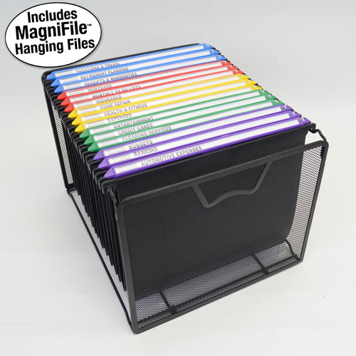 Ultimate Office Mesh Hanging File Organizer complete with 5 (or 10 or 15), Black or Frost MagniFiles™ with Assorted Color Indexes