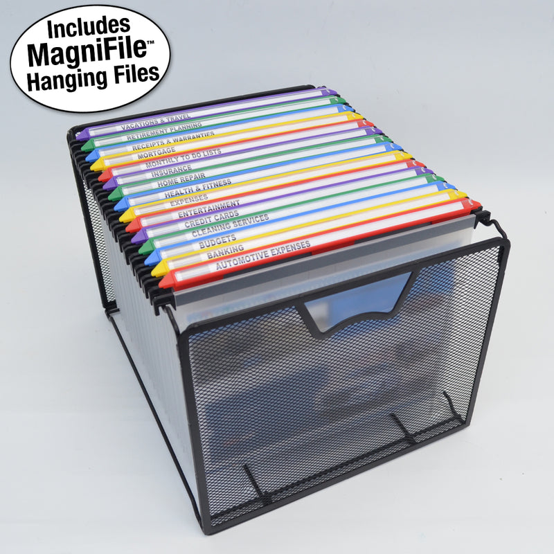 Ultimate Office Mesh Hanging File Organizer complete with 5 (or 10 or 15), Black or Frost MagniFiles™ with Assorted Color Indexes