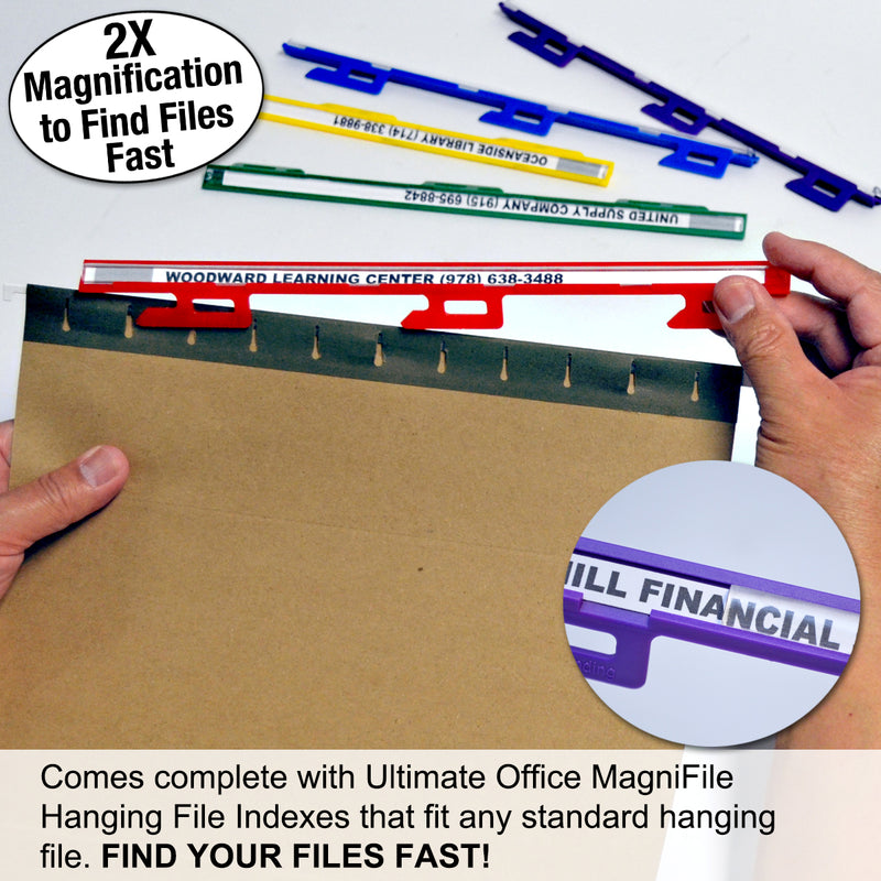 Ultimate Office Mesh Hanging File Organizer complete with 10 (or 20) MagniFile™ Hanging File Indexes in Black or Assorted Colors