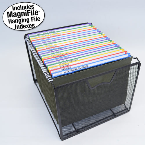 Ultimate Office Mesh Hanging File Organizer complete with 20 MagniFile™ Hanging File Indexes in Black or Assorted Colors