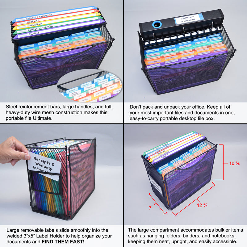 Ultimate Office Mini Mesh Desktop File Box Portable Project Organizer complete with 25 (or 50), 5th-Cut PocketFiles™
