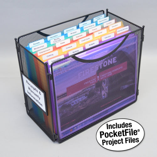 Ultimate Office Mini Mesh Desktop File Box Portable Project Organizer complete with 25 (or 50), 5th-Cut PocketFiles™