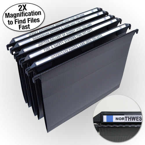 Ultimate Office MagniFile™ Hanging File Folders V-Bottom, Letter Size With 11" Magnified Indexes That DOUBLE THE SIZE of Your File Titles to FIND FILES FAST. Set of 5, Black, with 25 Index Strips and AN UNCONDITIONAL LIFETIME GUARANTEE!