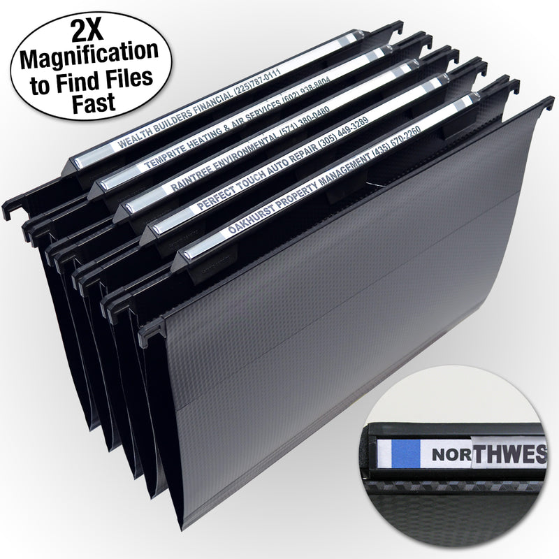 Ultimate Office MagniFile™ Hanging File Folders V-Base, LEGAL Size with 11" Magnified Indexes that Double the Size of Your File Titles to Find Files FAST. Set of 5 Files w/Black Indexes, 25 Index Strips and AN UNCONDITIONAL LIFETIME GUARANTEE!