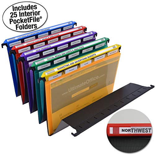 Ultimate Office MagniFile™ Hanging File Folders V-Bottom Letter Size, Set of 5 Assorted Color Magnified Indexes PLUS 25 Removable PocketFile™ Clear Poly Interior Document Folders with 5th Cut Tabs