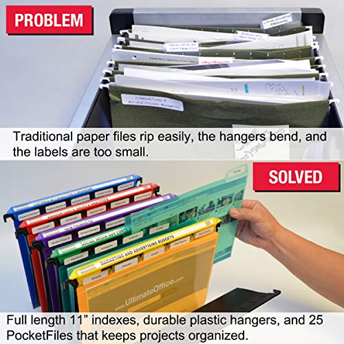 Ultimate Office MagniFile™ Hanging File Folders V-Bottom Letter Size, Set of 5 Assorted Color Magnified Indexes PLUS 25 Removable PocketFile™ Clear Poly Interior Document Folders with 5th Cut Tabs