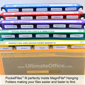 Ultimate Office MagniFile™ Hanging File Folders V-Bottom Letter Size, Set of 5 Assorted Color Magnified Indexes PLUS 25 Removable PocketFile™ Clear Poly Interior Document Folders with 5th Cut Tabs