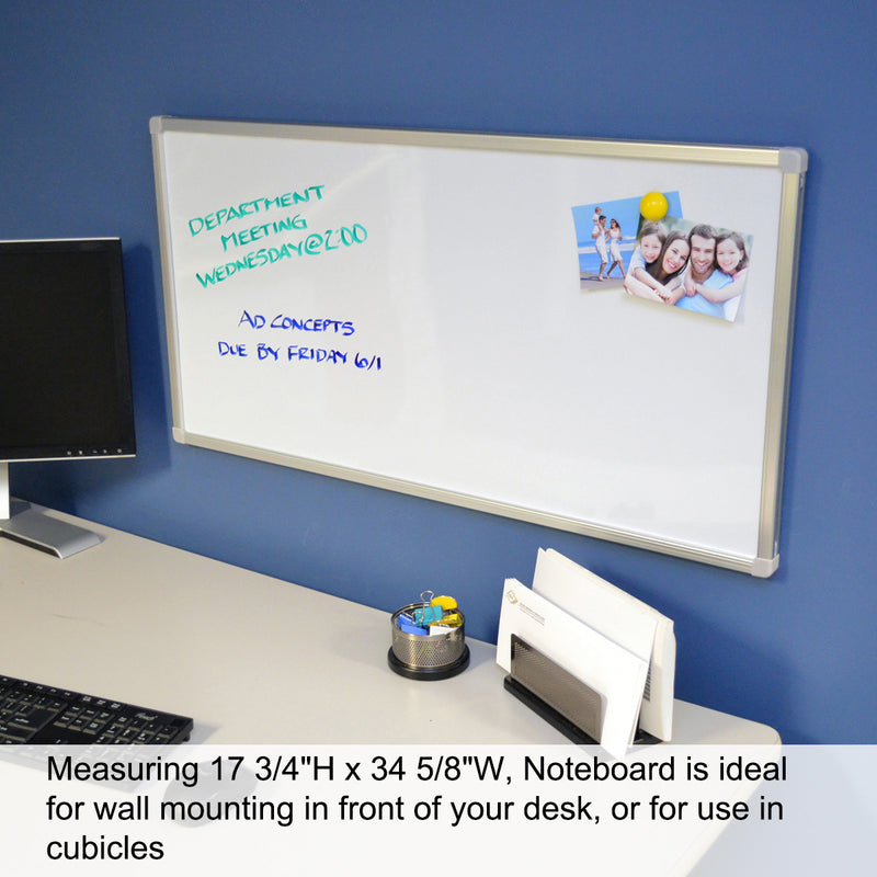 Ultimate Office 34 ½” x 17 ¾” Ultra-Slim Workstation Magnetic Whiteboard can be Mounted Horizontally or Vertically.  Wall Rail Allows for Easy Mounting and Removal