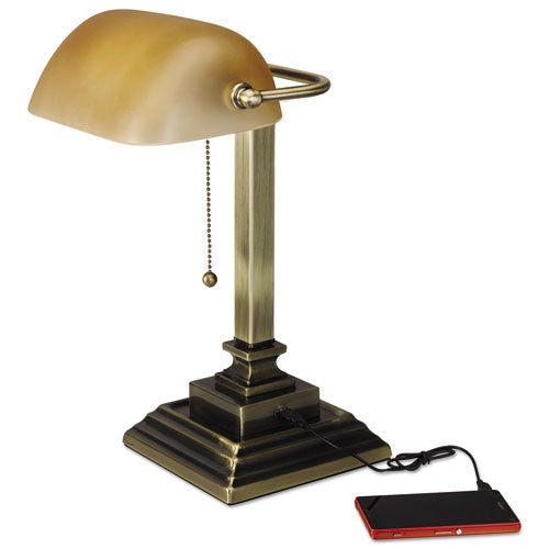 Traditional Banker's Lamp w/USB, 10"w x 10"d x 15"h, Antique Brass