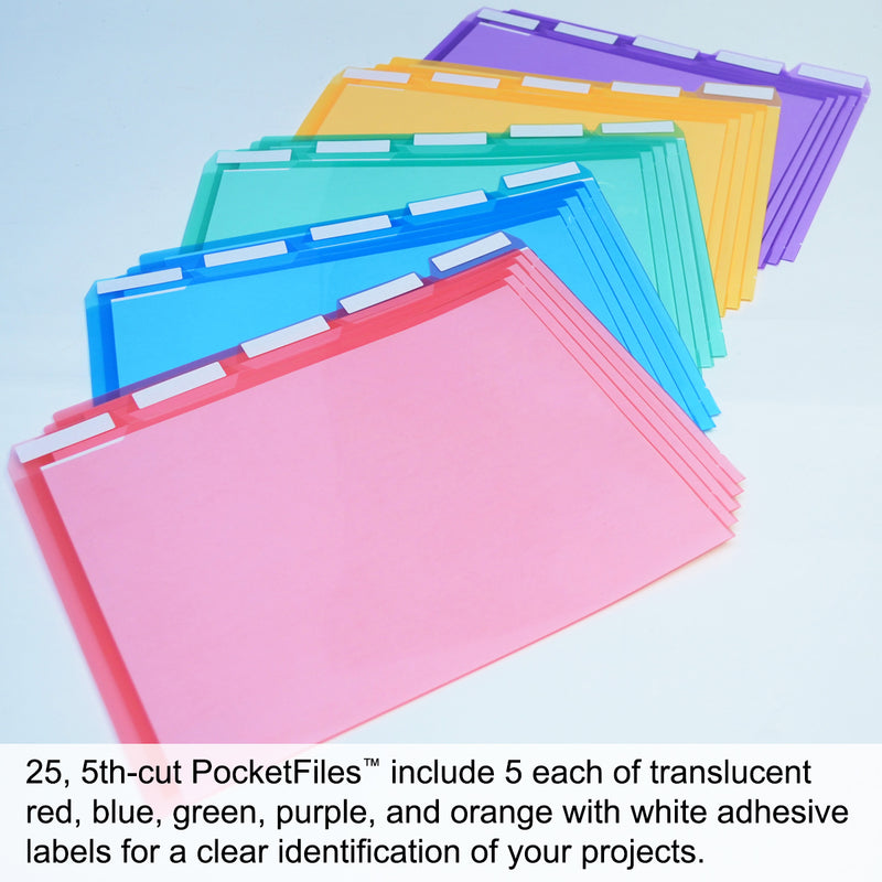 Ultimate Office PocketFile™ Clear Poly Document Folder Project Pockets, 5th-Cut, Letter Size, in 5 Assorted Colors, Set of 25