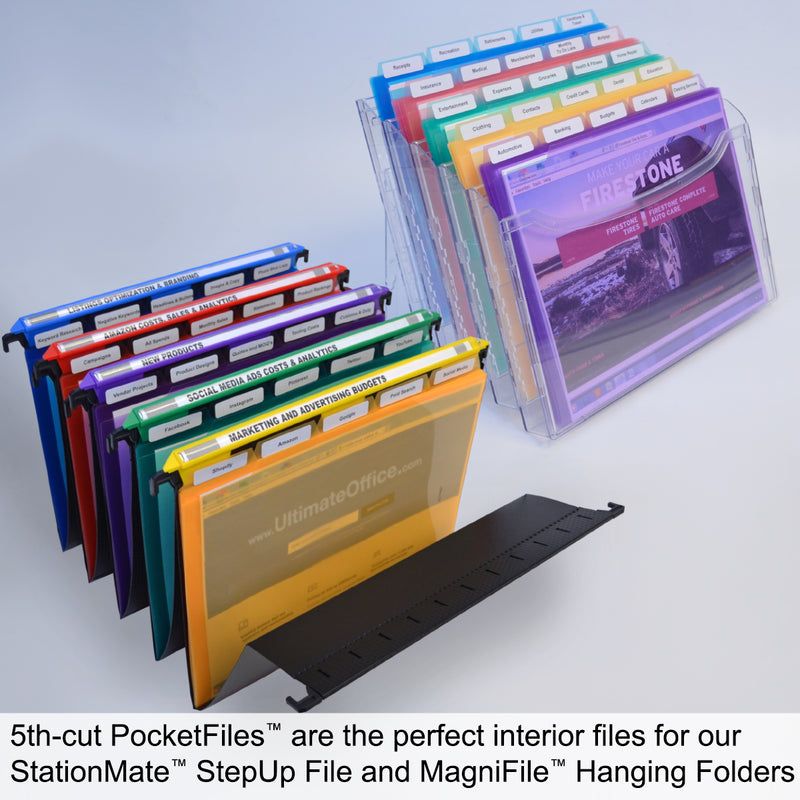 Ultimate Office PocketFile™ Clear Poly Document Folder Project Pockets, 5th-Cut, Letter Size, in 5 Assorted Colors, Set of 25