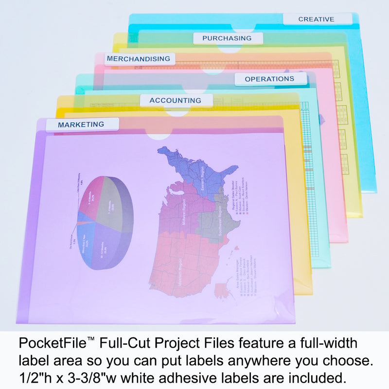 Ultimate Office PocketFile™  Clear Poly Document Folder Project Pockets, Full-Cut, Letter Size, in 6 Assorted Colors (Purple, Orange, Green, Red, Yellow, Blue), Set of 24