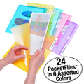 Ultimate Office PocketFile™  Clear Poly Document Folder Project Pockets, Full-Cut, Letter Size, in 6 Assorted Colors (Purple, Orange, Green, Red, Yellow, Blue), Set of 24