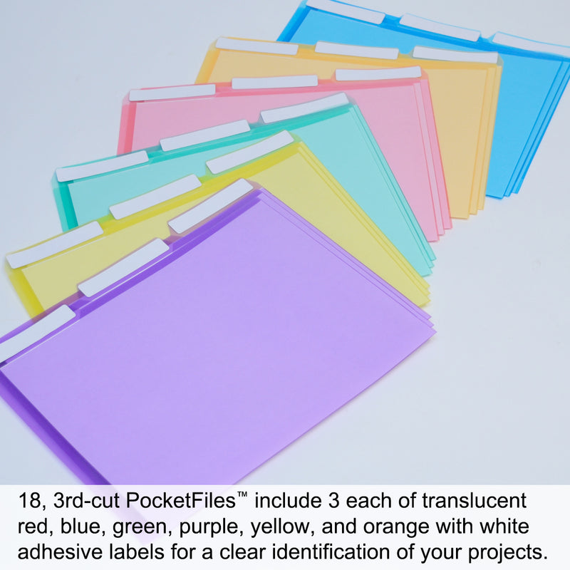 Ultimate Office PocketFile™ Clear Poly Document Folder Project Pockets, 3rd-Cut, Letter Size, in 6 Assorted Colors (Purple, Orange, Green, Red, Yellow, Blue), Set of 18