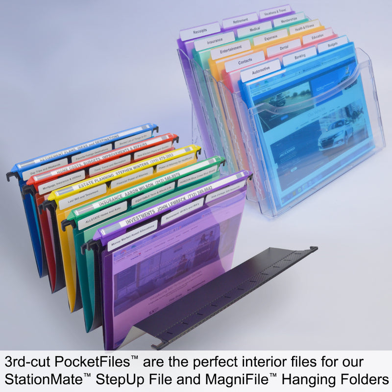 Ultimate Office PocketFile™ Clear Poly Document Folder Project Pockets, 3rd-Cut, Letter Size, in 6 Assorted Colors (Purple, Orange, Green, Red, Yellow, Blue), Set of 18