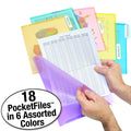 Ultimate Office PocketFile™ Clear Poly Document Folder Project Pockets, 3rd-Cut, Letter Size, in 6 Assorted Colors (Purple, Orange, Green, Red, Yellow, Blue), Set of 18