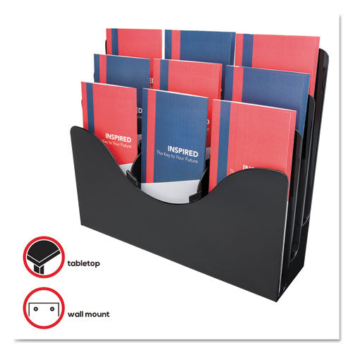 3-Tier Literature Display w/Removable Dividers Organizes Magazines or Pamphlets.  13 3/8"w x 3 1/2"d x 11 1/2"h. Black Acrylic.