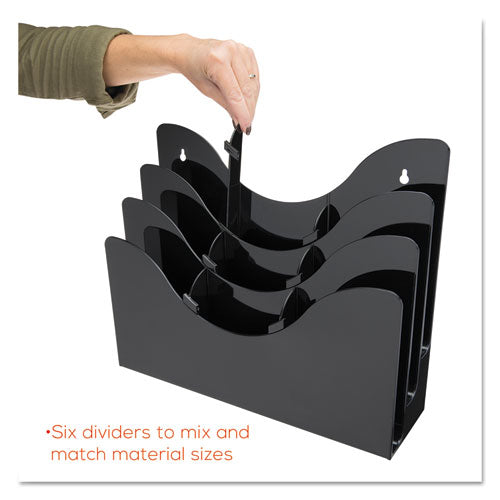 3-Tier Literature Display w/Removable Dividers Organizes Magazines or Pamphlets.  13 3/8"w x 3 1/2"d x 11 1/2"h. Black Acrylic.