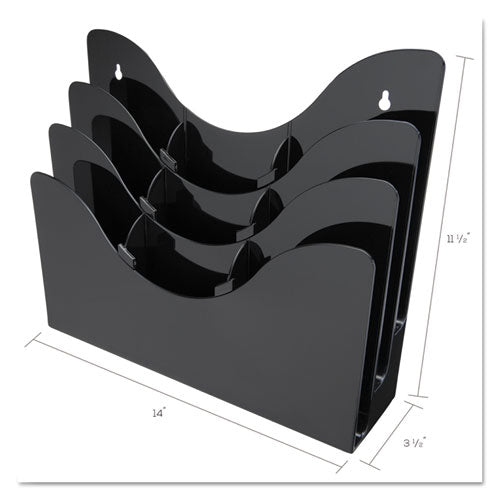 3-Tier Literature Display w/Removable Dividers Organizes Magazines or Pamphlets.  13 3/8"w x 3 1/2"d x 11 1/2"h. Black Acrylic.