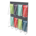 8-Bin Wall-Mount Brochure Display.  18 1/4"w x 3 3/8"d x 23 3/4"h.  Black Acrylic Back w/Clear Spring-Action Pockets.
