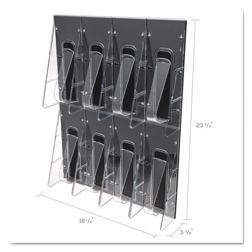 8-Bin Wall-Mount Brochure Display.  18 1/4"w x 3 3/8"d x 23 3/4"h.  Black Acrylic Back w/Clear Spring-Action Pockets.