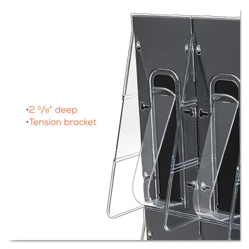 8-Bin Wall-Mount Brochure Display.  18 1/4"w x 3 3/8"d x 23 3/4"h.  Black Acrylic Back w/Clear Spring-Action Pockets.