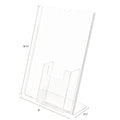 Superior Image Slanted Acrylic Sign Holder with Front Storage Pocket.  9"w x 4 1/2"d x 10 3/4"h.