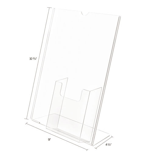 Superior Image Slanted Acrylic Sign Holder with Front Storage Pocket.  9"w x 4 1/2"d x 10 3/4"h.