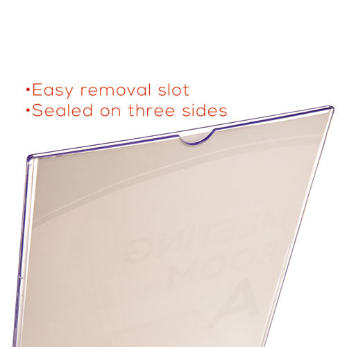 Superior Image Slanted Acrylic Sign Holder with Front Storage Pocket.  9"w x 4 1/2"d x 10 3/4"h.