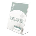 Superior Image Slanted Acrylic Sign Holder with Business Card Storage Pocket.  8 1/2"w x 4 1/2"d x 11"h.