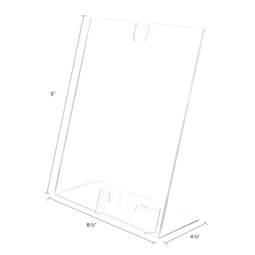 Superior Image Slanted Acrylic Sign Holder with Business Card Storage Pocket.  8 1/2"w x 4 1/2"d x 11"h.