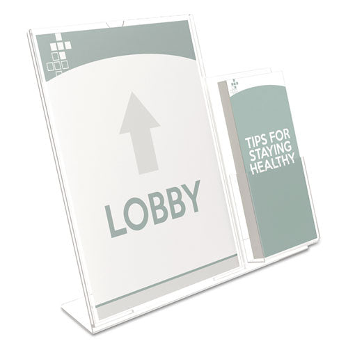 Superior Image Slanted Acrylic Sign Holder with Side Brochure Pocket.  13 1/2"w x 4 1/4"d x 10 7/8"h.