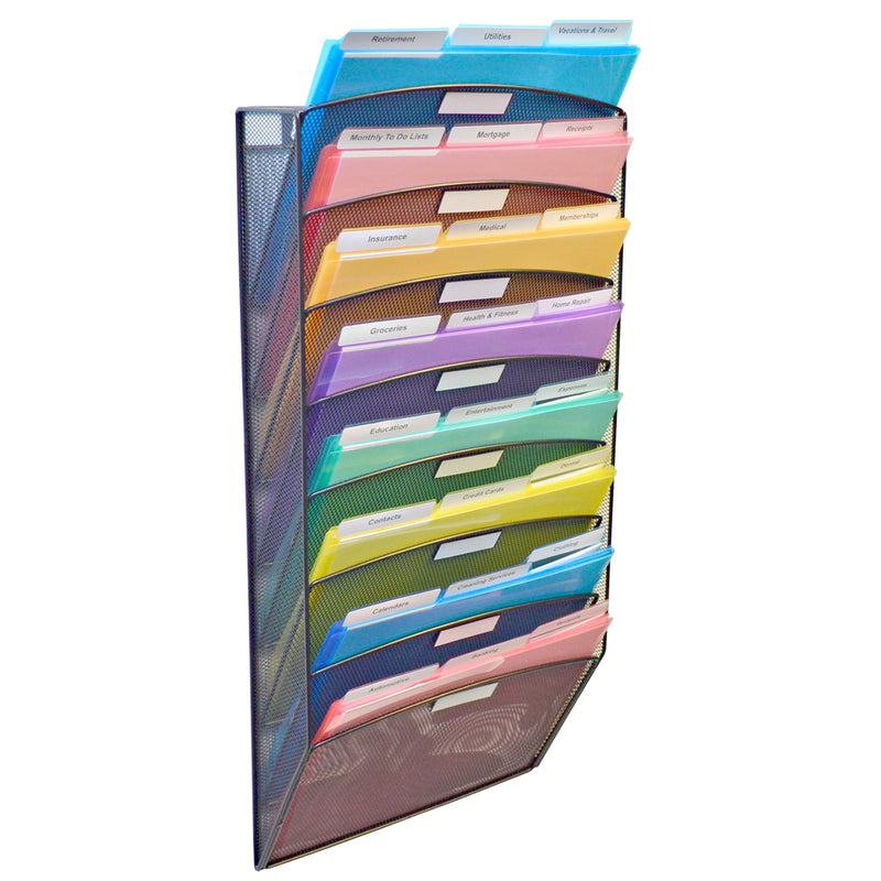 Ultimate Office Mesh Wall File Organizer, 8 Tier Vertical Mount Hanging File Sorter, Multipurpose Display Rack Includes 18, 3rd-Cut PocketFiles™, Black