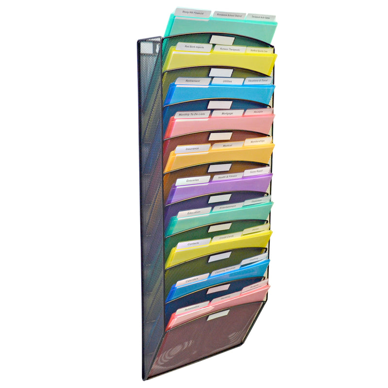 Ultimate Office Mesh Wall File Organizer, 10 Tier Vertical Mount Hanging File Sorter, High Capacity Multipurpose Display Rack Includes 18, 3rd-Cut PocketFiles™, Black