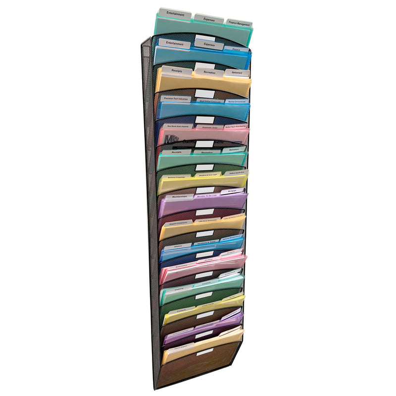 Ultimate Office Mesh Wall File Organizer, 15 Tier Vertical Mount Hanging File Sorter, High Capacity Multipurpose Display Rack Includes 18, 3rd-Cut PocketFiles™, Black
