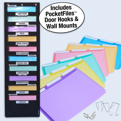 Ultimate Office WalMaster Heavy Duty, 10-Pocket Wall Chart Filing System WITH LABEL HOLDERS for Classroom and Office, Wall File Organizer INCLUDES PocketFiles PLUS Wall Mounting Hardware & Door Hooks