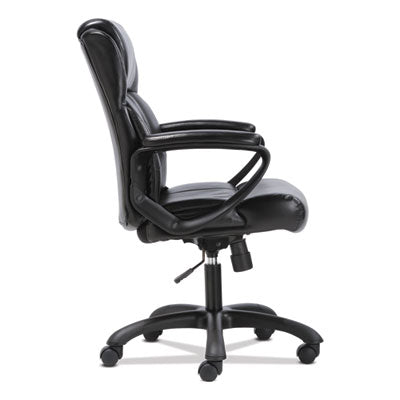 Executive Mid-Back Chair w/Padded Armrests supports up to 250 lbs.  Black SofThread Leather and Black Base.