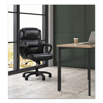 Executive Mid-Back Chair w/Padded Armrests supports up to 250 lbs.  Black SofThread Leather and Black Base.