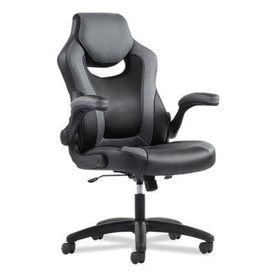 Executive High-Back Racing Style Chair w/Padded Flip-Up Arms supports up to 225 lbs.  Black Leather with Gray Accents and Black Base.