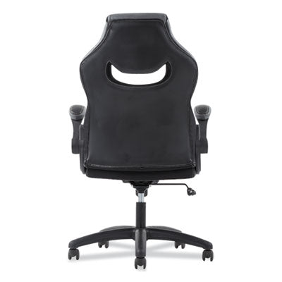 Executive High-Back Racing Style Chair w/Padded Flip-Up Arms supports up to 225 lbs.  Black Leather with Gray Accents and Black Base.