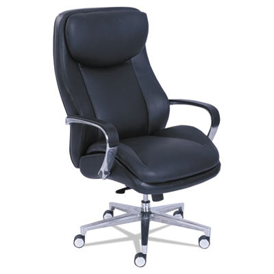 Big & Tall Executive Chair w/Padded Armrests and ComfortCore Gel Memory Foam.  Supports up to 400 lbs.  Black Leather and Silver Base.