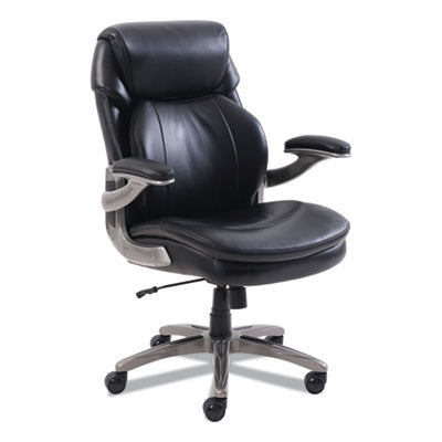 Mid-Back Executive Chair w/Pivot Reactive Ergonomic Support and SertaPedic Comfort Systems.  Padded, Flip-Up Armrests.  Supports up to 275 lbs.  Black Leather and Slate Base.