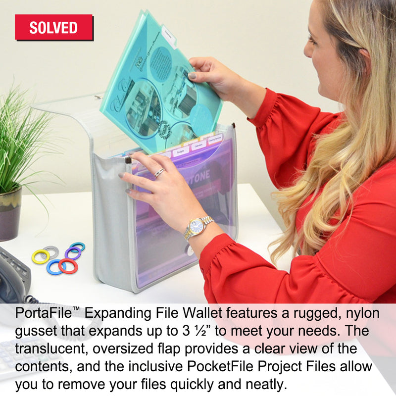 Ultimate Office PortaFile™ Expanding File Wallet Document Organizer, Letter Size. Complete Portable File Management System Includes 25 Removable, 5th-Cut PocketFile™ File Folders and 6 Color File Rings for Fast File Identification, Frost
